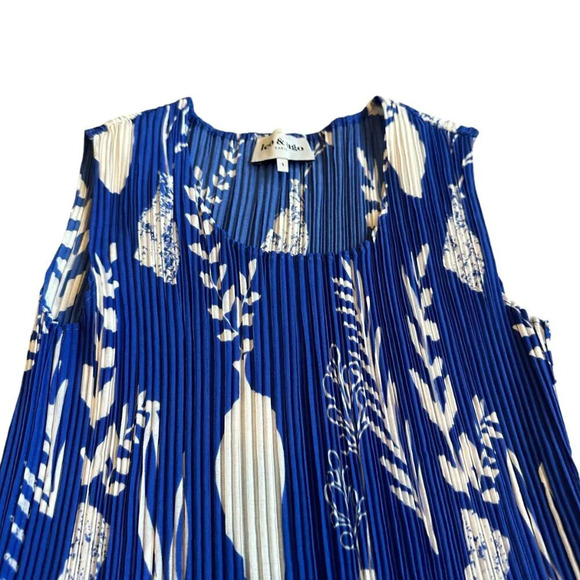 Leo & Ugo Royal Blue Bold Print Midi Dress Sleeveless Stretch Pleated Size Small - Picture 2 of 11